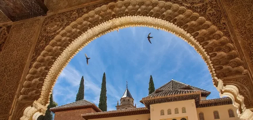 volta-decorata-interni-de-l-alhambra-come-una-cornice-che guarda-verso-gli-edifici-il cielo-in-alto-due-rondini