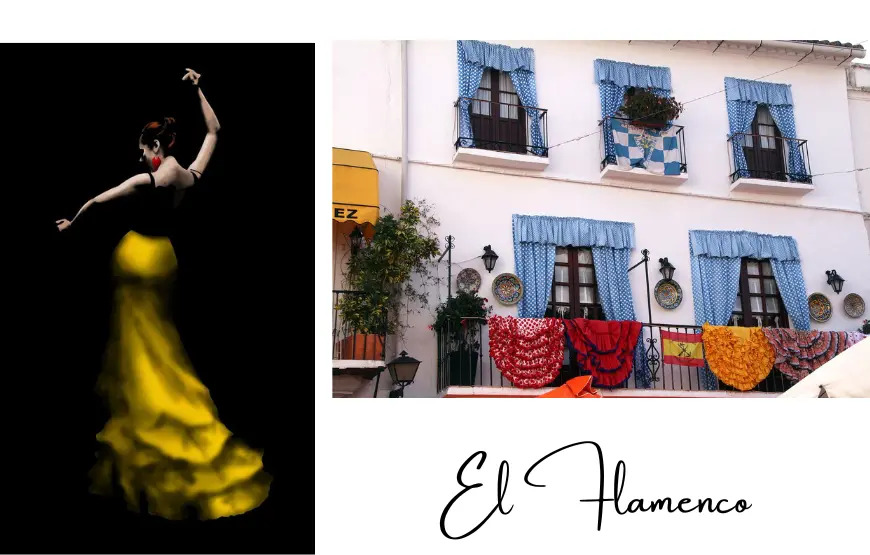 cartolina-con-una-ballerina-di-flamenco-e-la-gonna-gialla-e-una-foto-di-una-casa-con-delle-gonne-di-flamenco-stese-sulla-balaustra-di-un-terrazzo